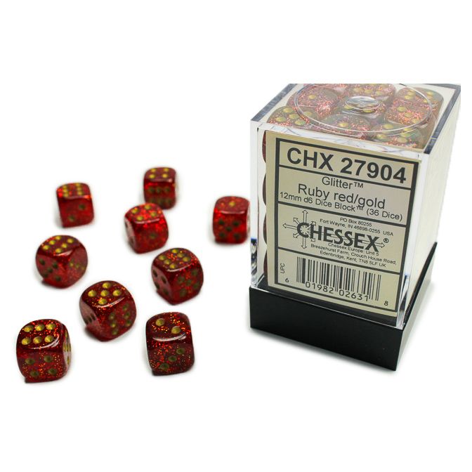 Dice: 12mm D6 Glittering Ruby w/Gold (36ct.)