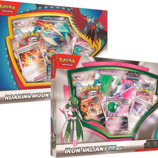 Pokémon Roaring Moon Ex Box | Caja Con 2 Cartas Promo Aluminio + 4 Sobres | Código Para TCG Live | Regalo Para Coleccionistas