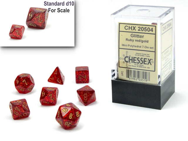 Dice: Chessex Glitter Mini Polyhedral 7 Die Set Ruby/Gold