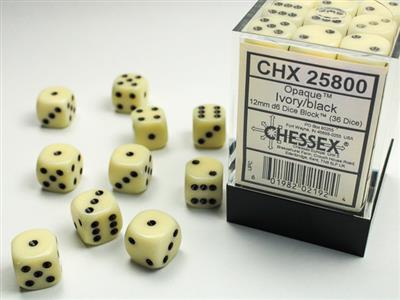 Dice: Opaque 12mm D6 Ivory/Black (36 ct.)